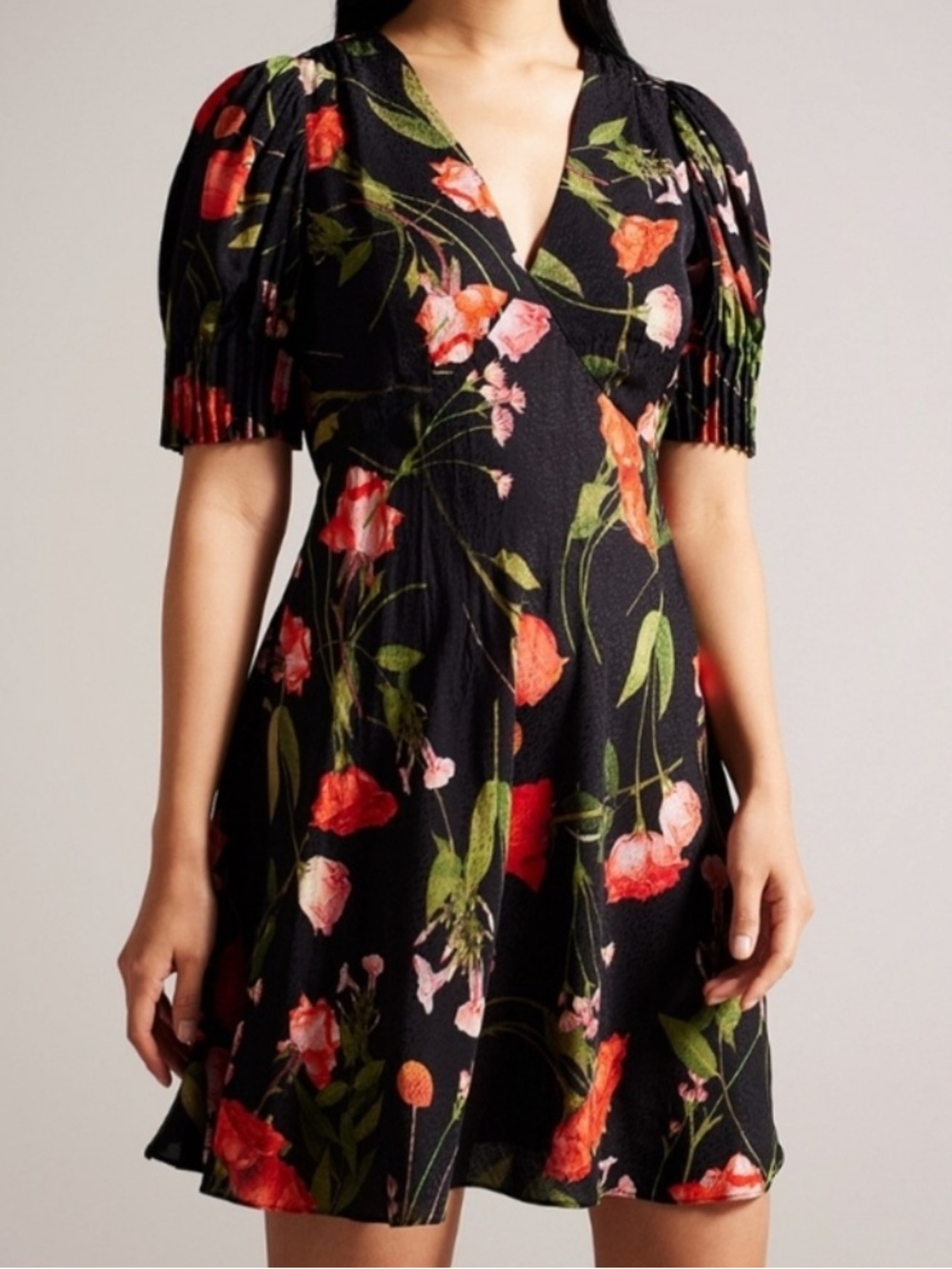Ted Baker Sienna Puff Sleeve Mini Tea Dress in Black Floral Dress, retail 260.00